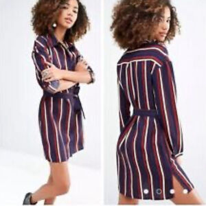 EL GANSO striped shirt dress tying belt navy blue red cream balloon sleeves lge